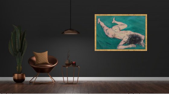 CARTURED BY DREAMS - nude art, original painting, oil on canvas, large abstract painting, green nude girl, interior art home decor, bed room art