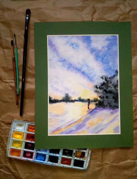 Fishing Painting Riverside Original Art Fisherman Small Watercolor River Plein Air Artwork Landscape Wall Art 8 by 12" by Halyna Kirichenko