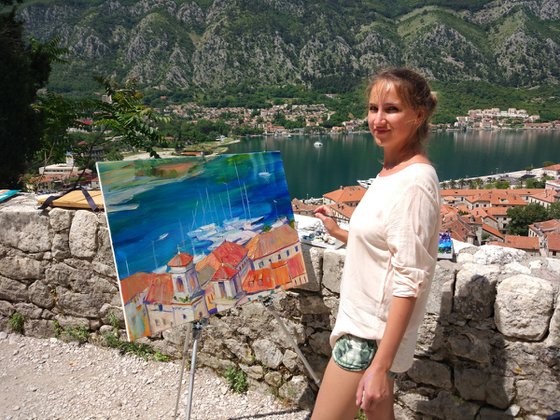 Roofs . 60x80 cm. Panorama view of the ancient town of Kotor . Italian architecture