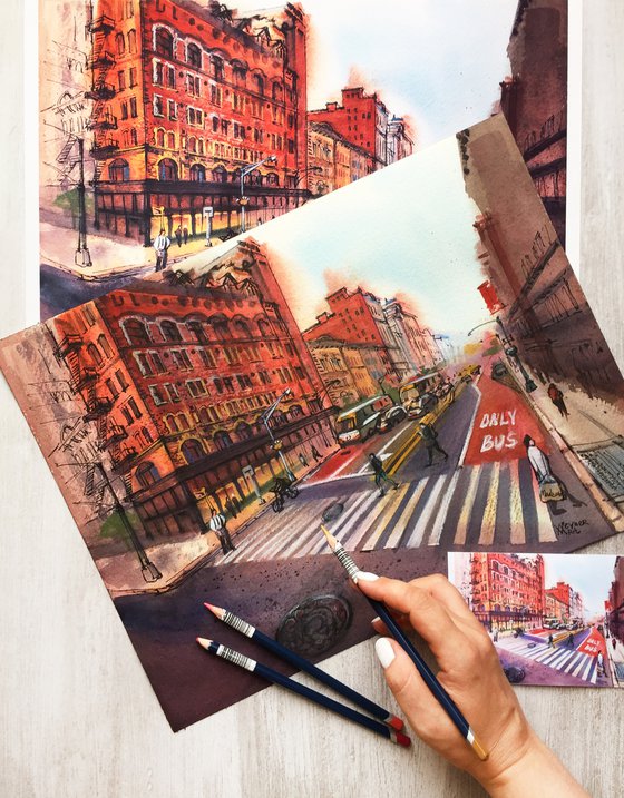 New York, 5th Avenue. Watercolor cityscape.
