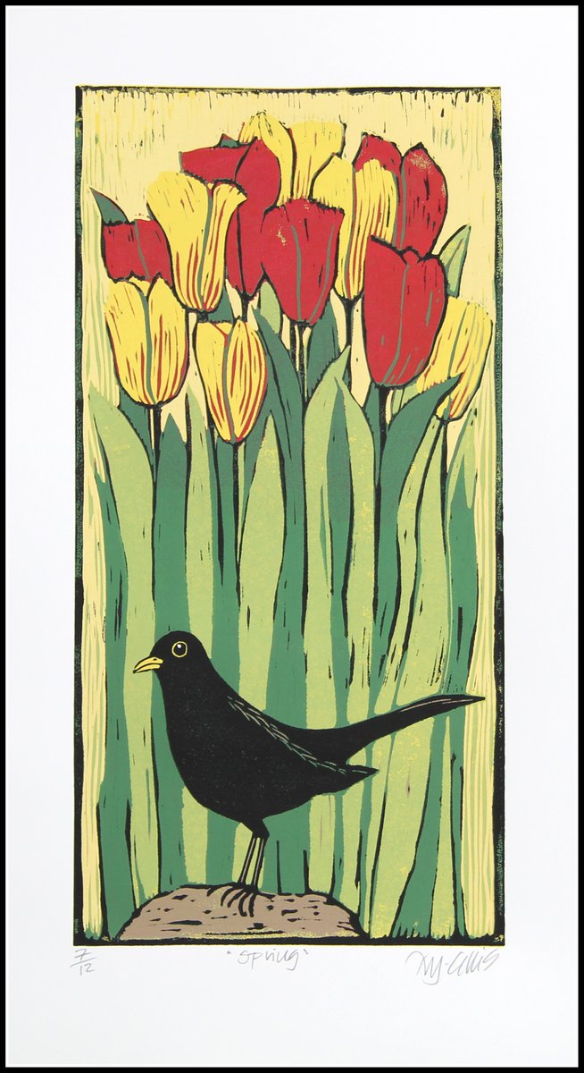 Spring, linocut reduction by Mariann Johansen-Ellis
