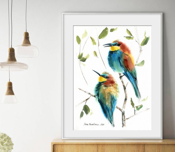 Golden bee-eater birds watercolor painting with bright birds on brunch, living room decor