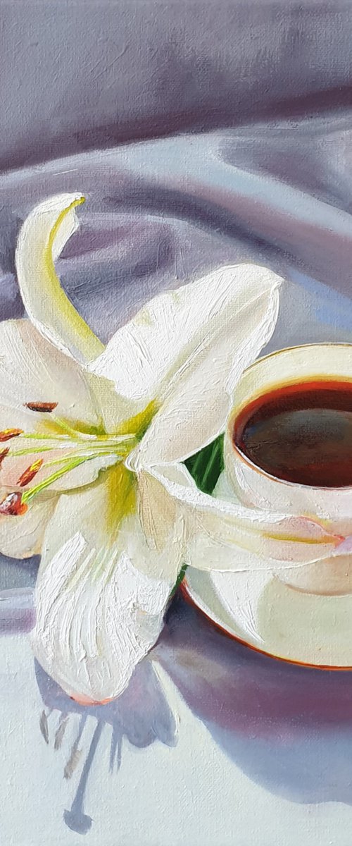 "A small cup of aromatic coffee. "  still life summer  white liGHt original painting  GIFT (2021) by Anna Bessonova (Kotelnik)