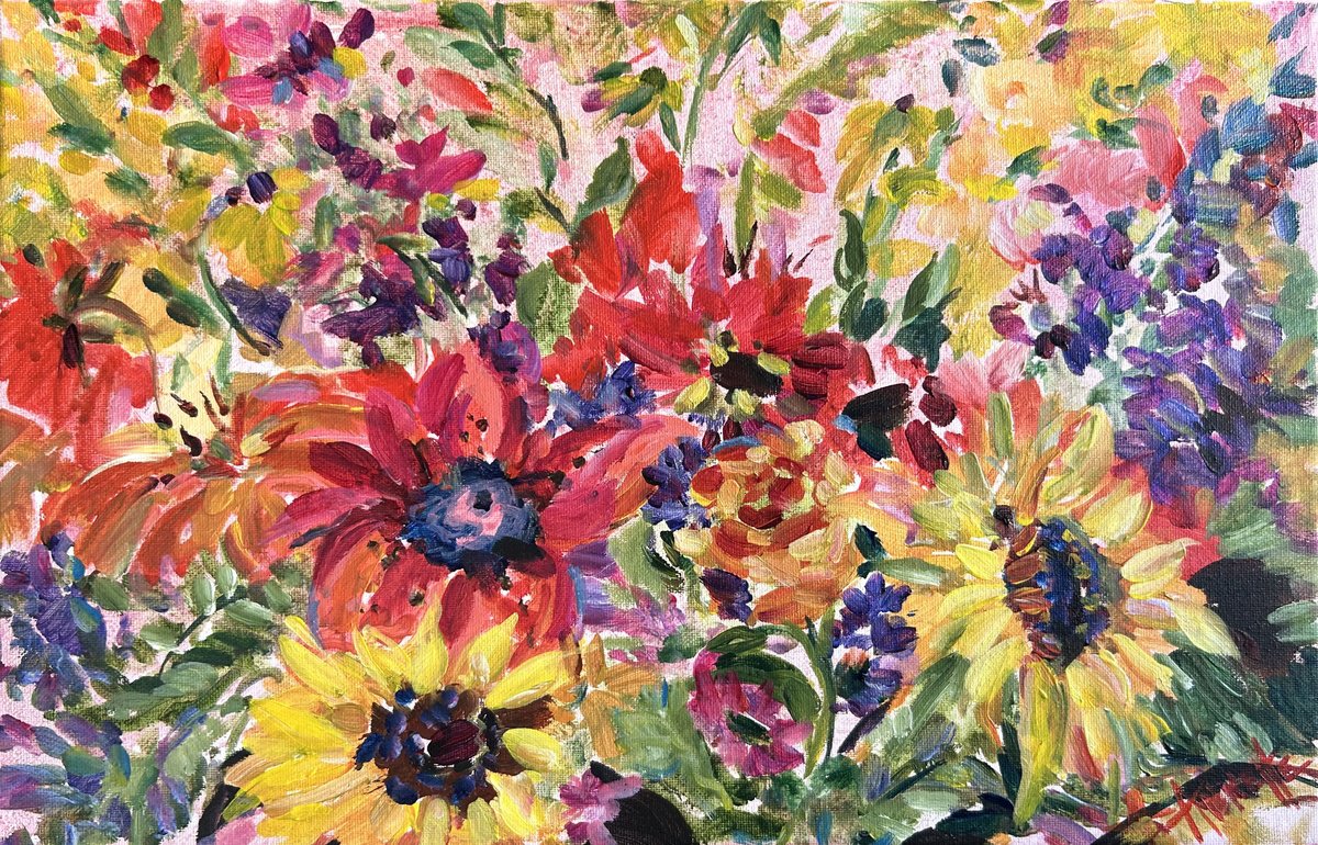 Expressive Botanical Acrylic Painting By Annette Wolters, 20 X 14, Summers Bouquet, Original Artwork