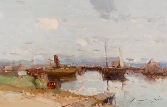 Harbor, Original oil painting, Handmade artwork, One of a kind