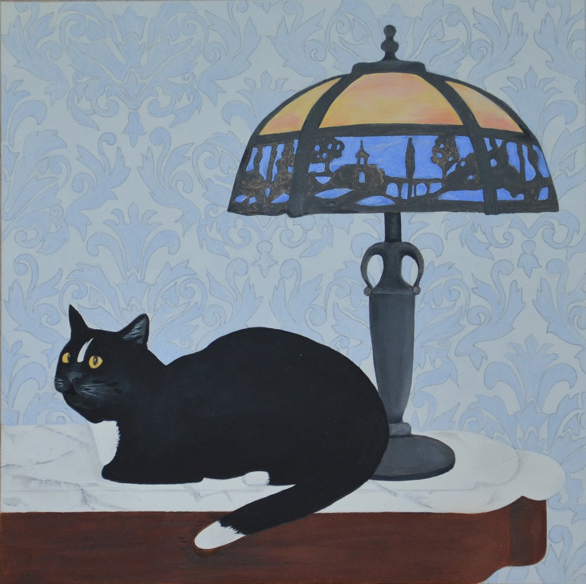 Tuxedo Cat Before Damask with Stained Glass Lamp a/k/a Tux by Linda Southworth