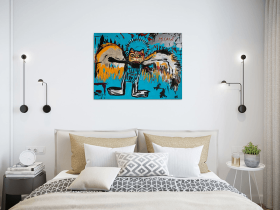 81x61cm Cat La Fallen Angel version of famous painting by Jean-Michel Basquiat