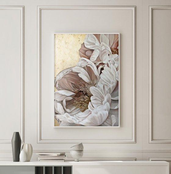 "Golden Silk Flowers" Gold white peony art