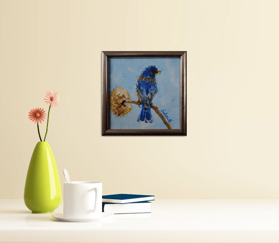 Eastern Bluebird (Lat. Sialia sialis) /small painting in frame / ORIGINAL PAINTING