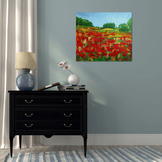 Poppies field... Flowering wildflowers... /  ORIGINAL ACRYLIC PAINTING