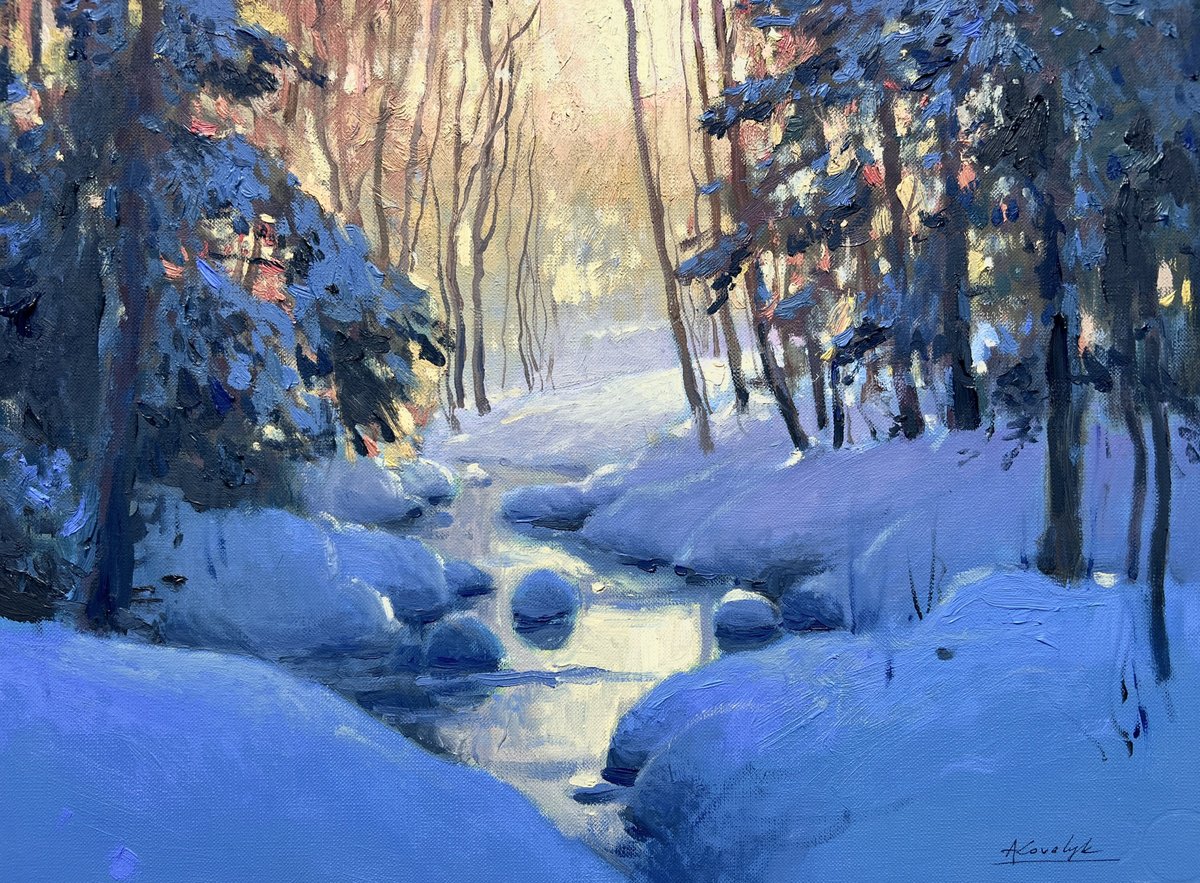 Impressionistic Landscape Oil Painting By Andrii Kovalyk, 16 X 12, Lit Winter Stream, Original Artwork