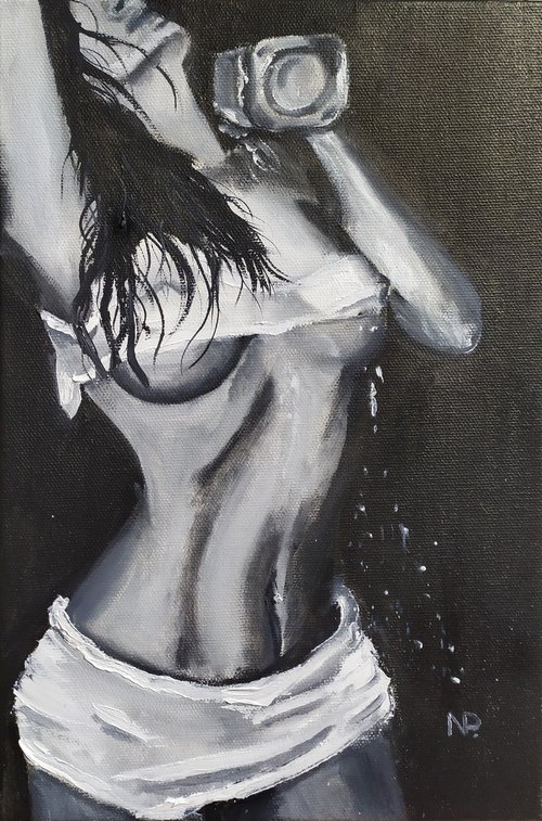 Girl, erotic nude oil painting, gift art, black and white painting by Nataliia Plakhotnyk