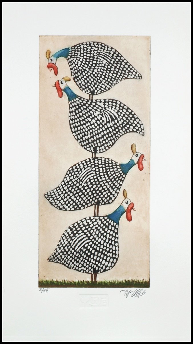 Illustrative Animal Etchings & Engravings By Mariann Johansen-Ellis, 10 X 18", A Stack Of Guinea Hens, Original Artwork