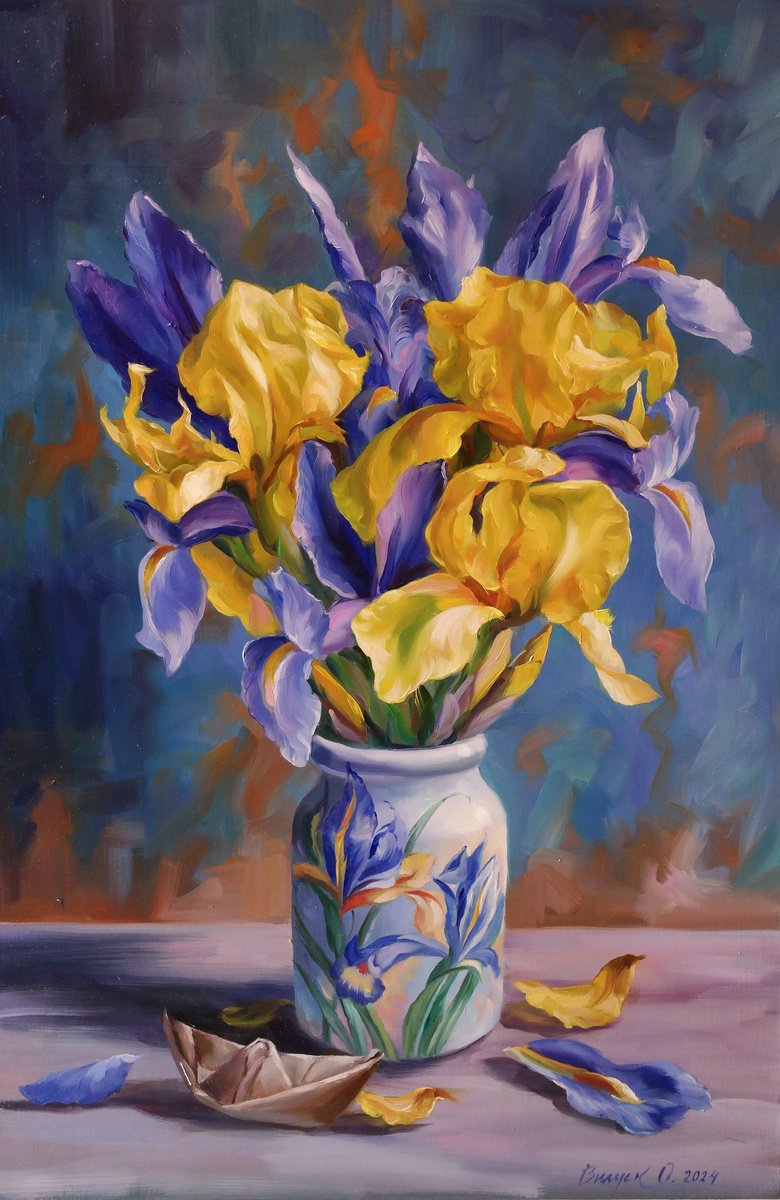 Impressionistic Botanical Oil Painting By Lena Vylusk, 16 X 24", "Bouquet Of Irises", Original Artwork