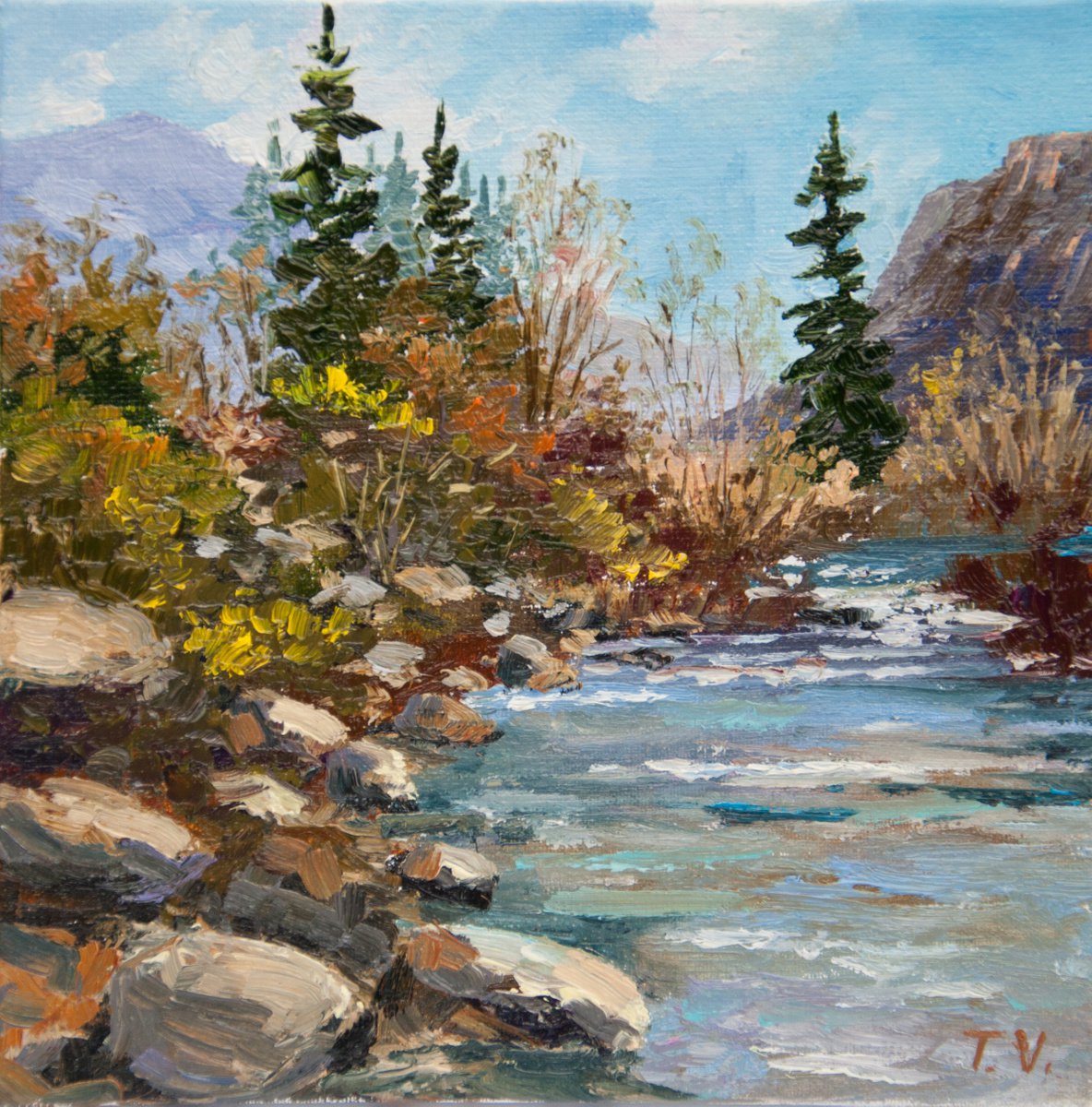 Mountain stream. Oil painting. Miniature. 6 x 6in. by Tetiana Vysochynska