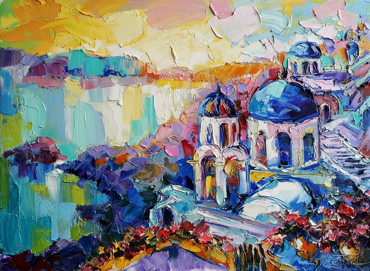 Santorini Greece Sunset, city art, landscape pai | Artfinder