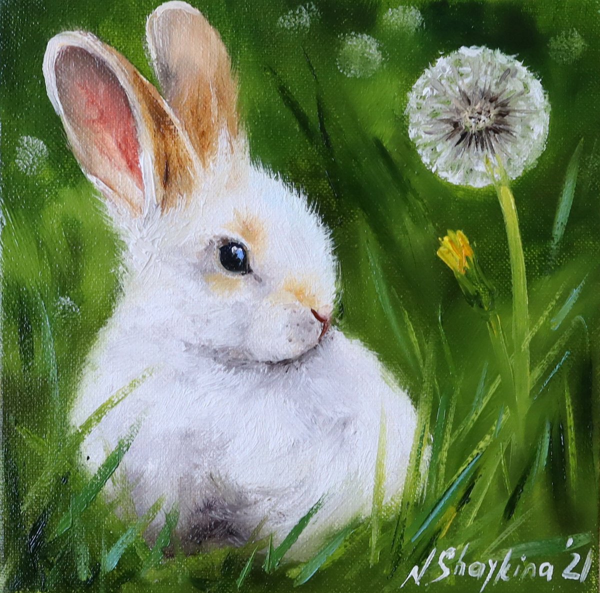Impressionistic Animal Oil Painting By Natalia Shaykina, 8 X 8", White Bunny, Original Artwork