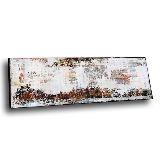 EXCITING JOURNEY - 59" x 19.7" - ABSTRACT PAINTING WITH STRUCTURES - WHITE BEIGE GOLD