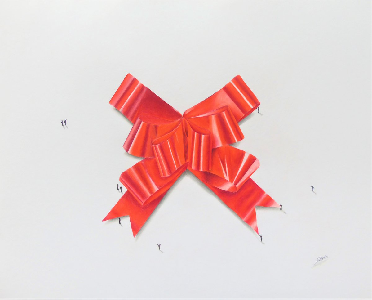 Photorealistic Still Life Pencil Drawing By Daniel Shipton, 20 X 16, Red Bow, Original Artwork