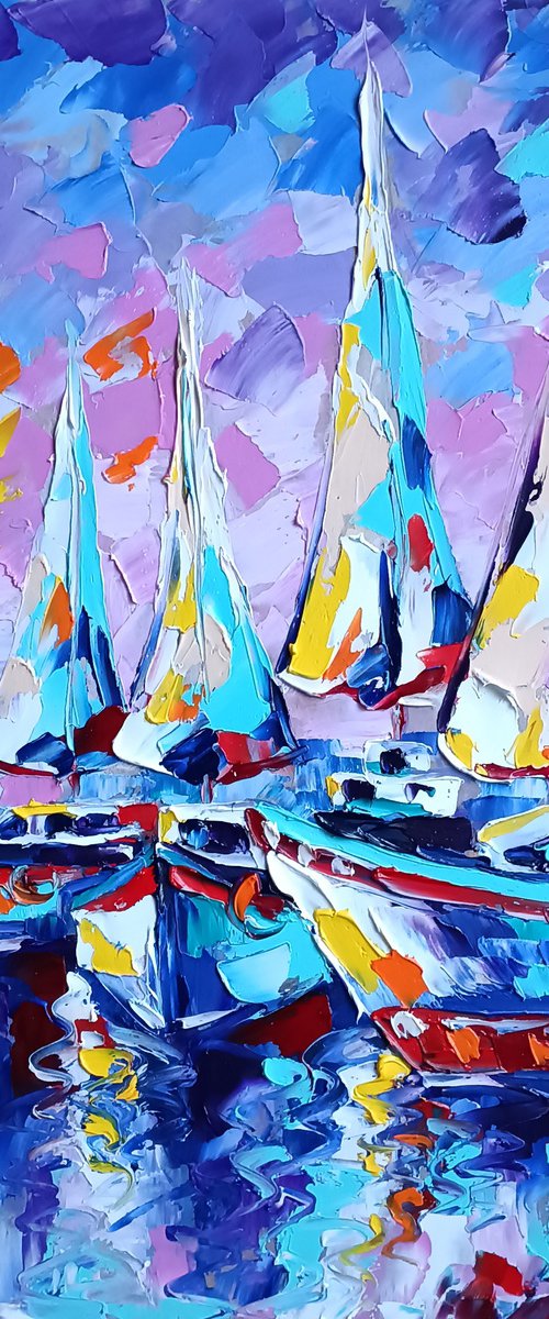 Calm in the ocean - yachts at sunset, sea and sky, yacht, oil painting, boats, sunset, yacht club, seascape, sea with yachts, yacht original painting, gift for man by Anastasia Kozorez