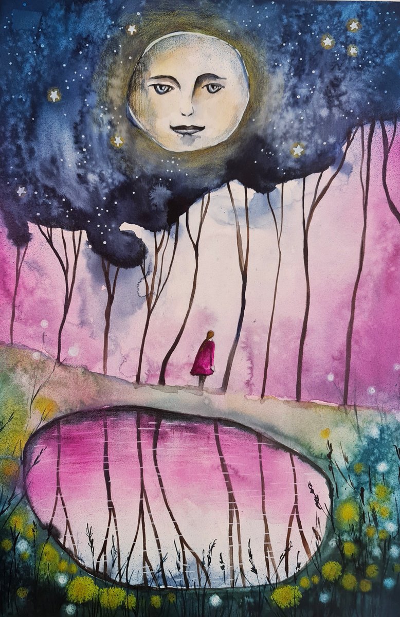 Surrealistic Landscape Painting By Evgenia Smirnova, 15 X 22, Watching Moon, Original Artwork