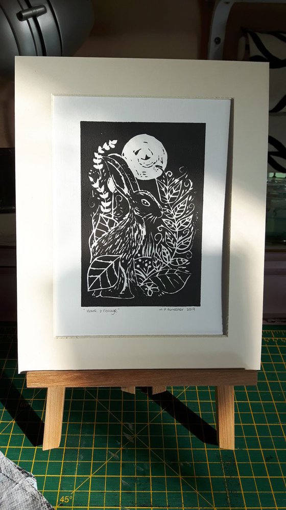 Hare and Foliage - Original Lino Print