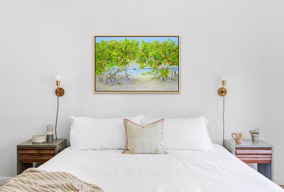 DAY ON THE BEACH. Tropical Island Seascape Painting of Florida Beach and Fishing Boat.