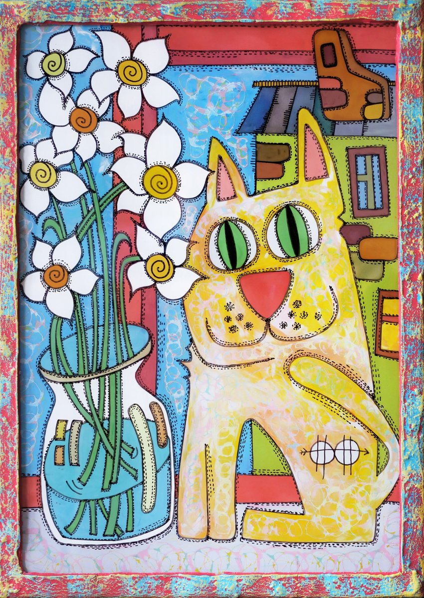 Animal Acrylic Painting By Nikita Ostapenco, 10 X 15", Cat And Daffodils #3, Original Artwork