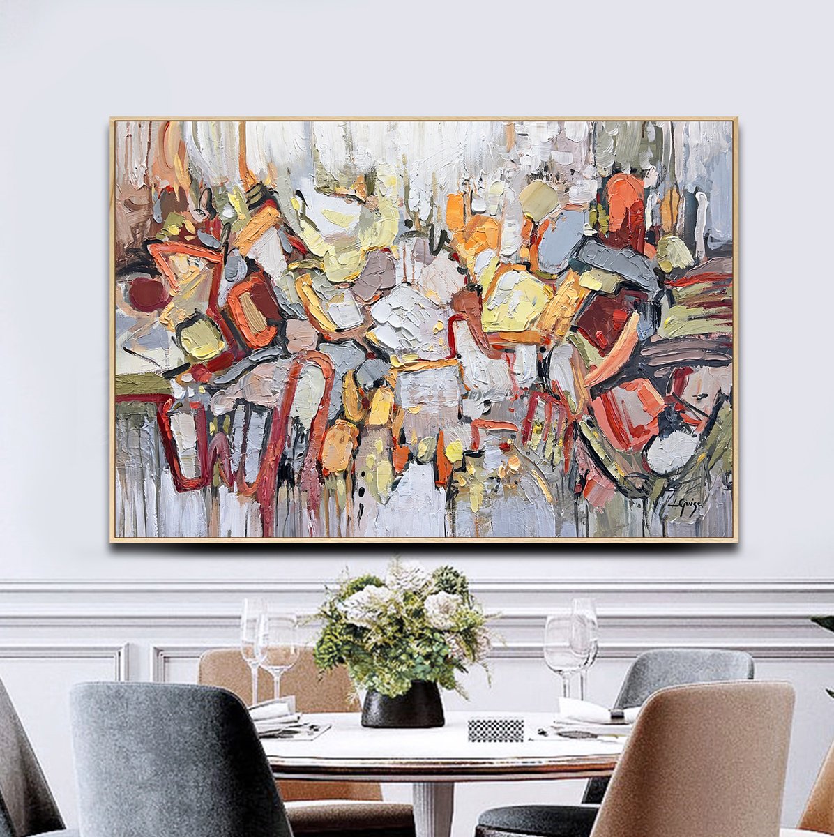 Geometric Abstract Acrylic Painting By Lana Guise, 37 X 25", Amber Collision, Original Artwork