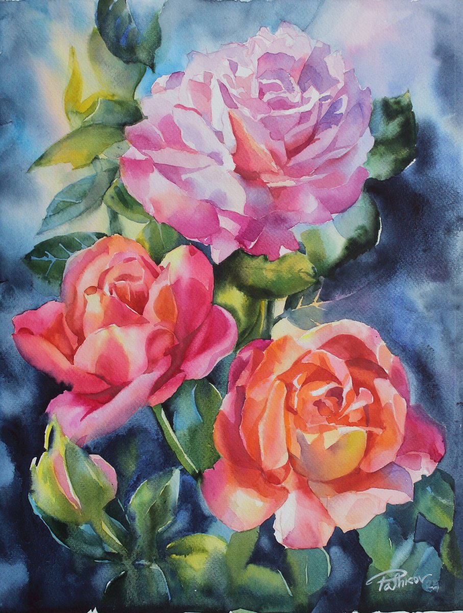 Impressionistic Botanical Watercolour By Yurii Pashkov, 13 X 17", Roses#6, Original Artwork