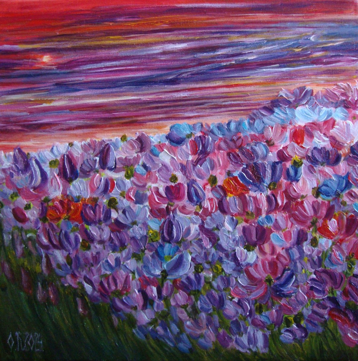 Impressionistic Botanical Acrylic Painting By Olga Knezevic, 16 X 16", Floral Dance, Original Artwork