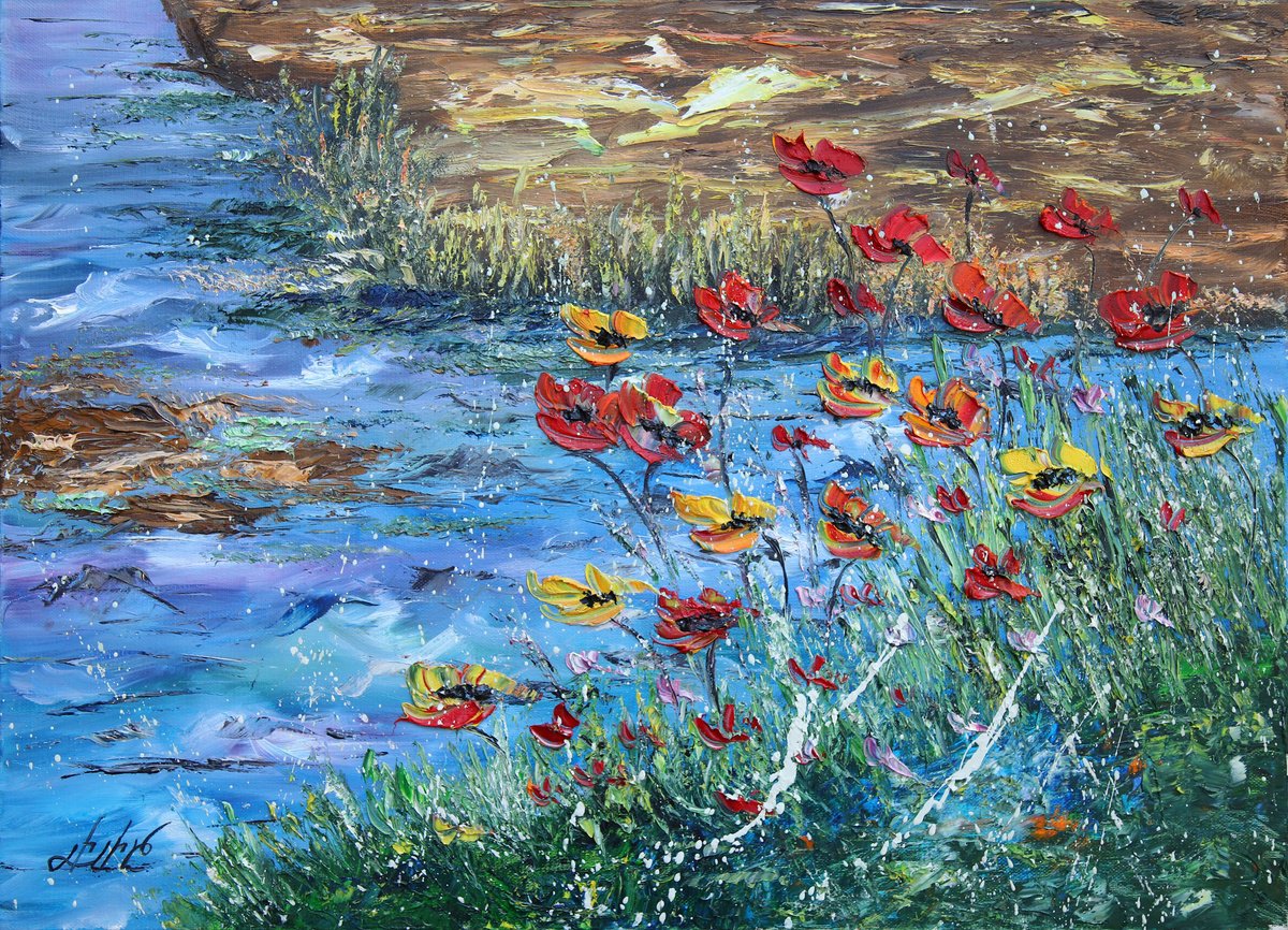 Impressionistic Botanical Oil Painting By Lilith Tonakanyan, 28 X 20", Dancing Blooms By The Stream, Original Artwork