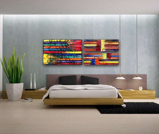 "The Grown-Ups Are Talking" - Original Xt Large PMS Abstract Triptych Oil Paintings On Canvas and Recycled Wood - 76" x 26"