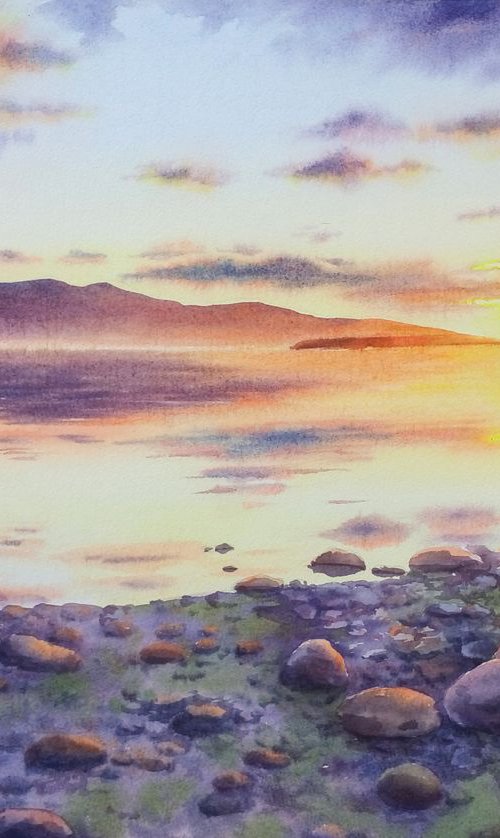 Beach sunset  - Sunset by Lake by Olga Beliaeva Watercolour