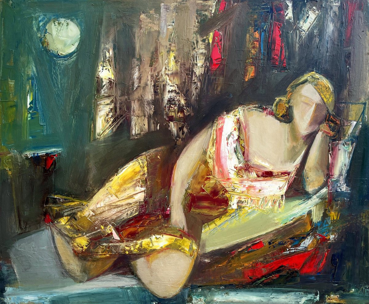 Abstract Portrait Oil Painting By Matevos Sargsyan, 24 X 20", Reflections In Solitude, Original Artwork