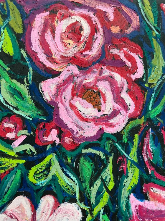 Rose Original Panting, Pink Flowers Oil Pastel Drawing, Gift for Her, Bright Colorful Wall Art