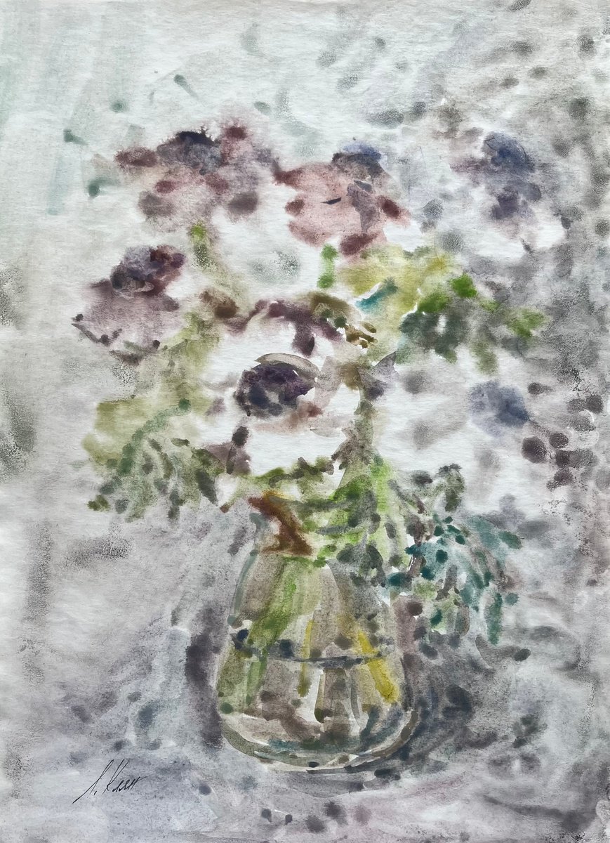 Impressionistic Still Life Watercolour By Elena Klyan, 12 X 16, Anemones 6, Original Artwork