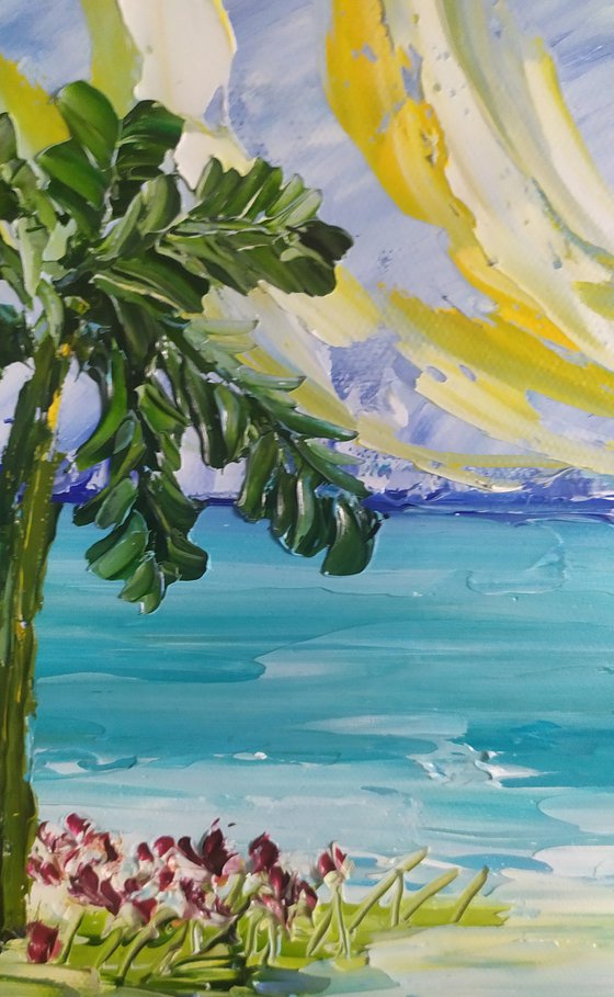 Sunny beach, small impasto oil painting, landscape, sea, sky, palms