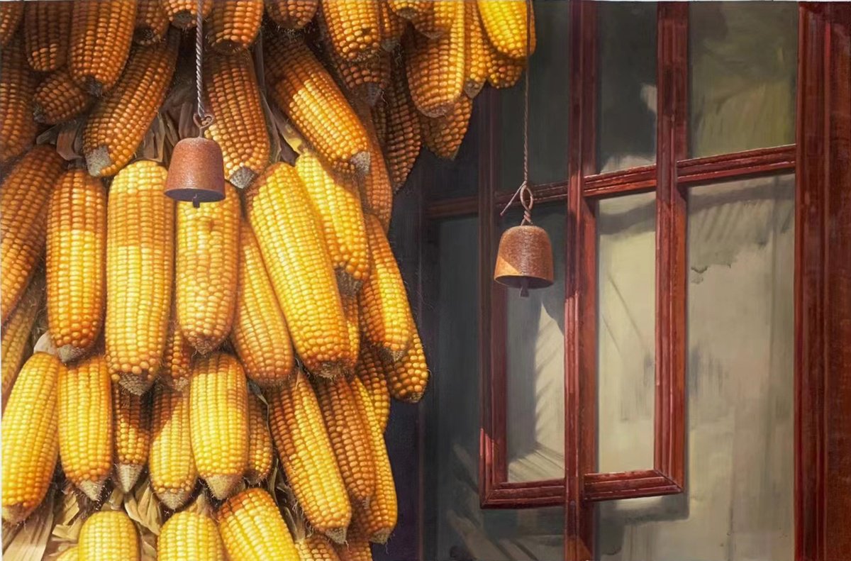 Impressionistic Botanical Oil Painting By Kunlong Wang, 47 X 31", Still Life Oil Painting:cornsc200, Original Artwork