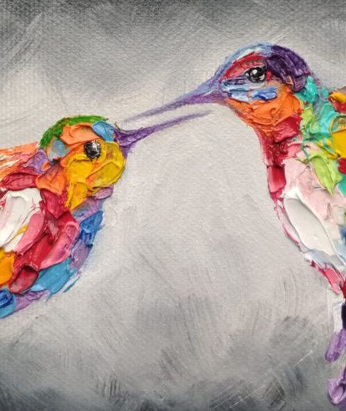 "Little hummingbirds" - Painting on canvas,animals oil painting, art bird, Impressionism, palette knife, gift. by Anastasia Kozorez