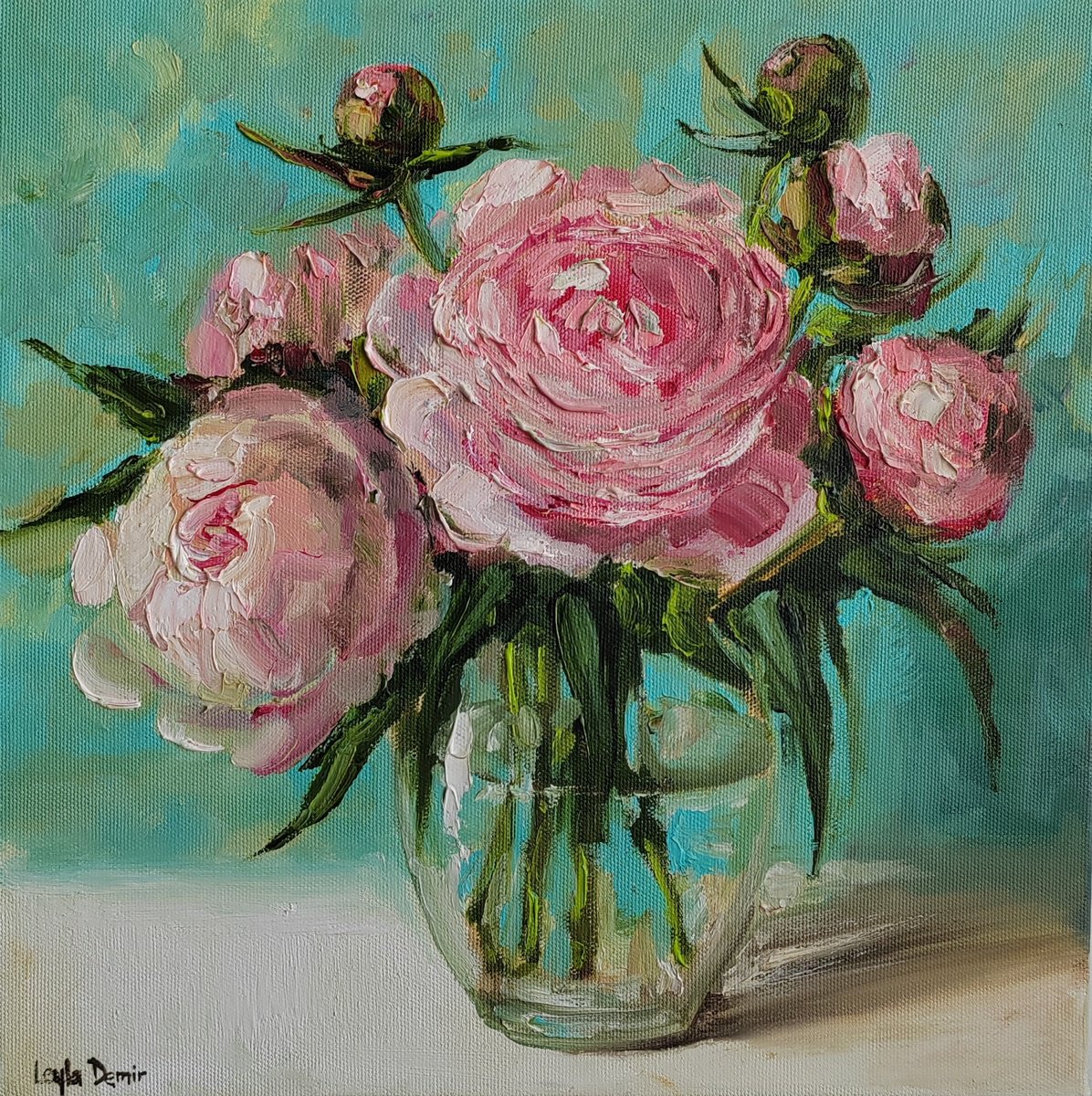 Pink and white peonies bouquet oil painting original still life 12x12 by Leyla Demir