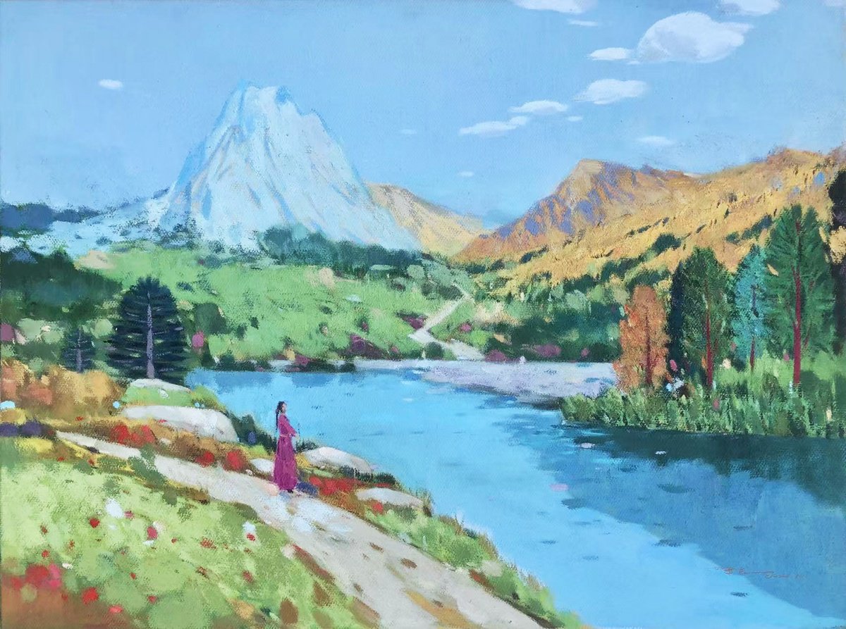 Impressionistic Landscape Oil Painting By Kunlong Wang, 39 X 30", Landscape T266, Original Artwork