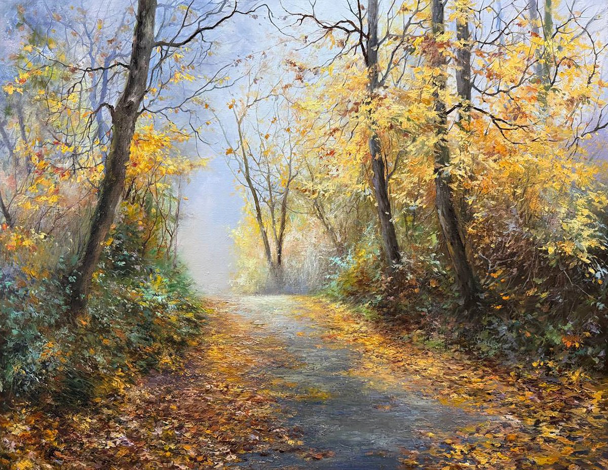 Photorealistic Landscape Oil Painting By Farzaneh Maddahi, 31 X 24, Golden Pathway, Original Artwork
