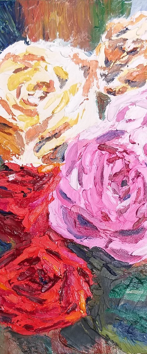 Roses, small impasto still life by Geeta Yerra