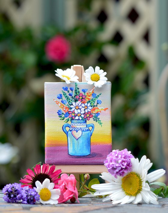 flowers in blue milk urn, original acrylic miniature painting, still life