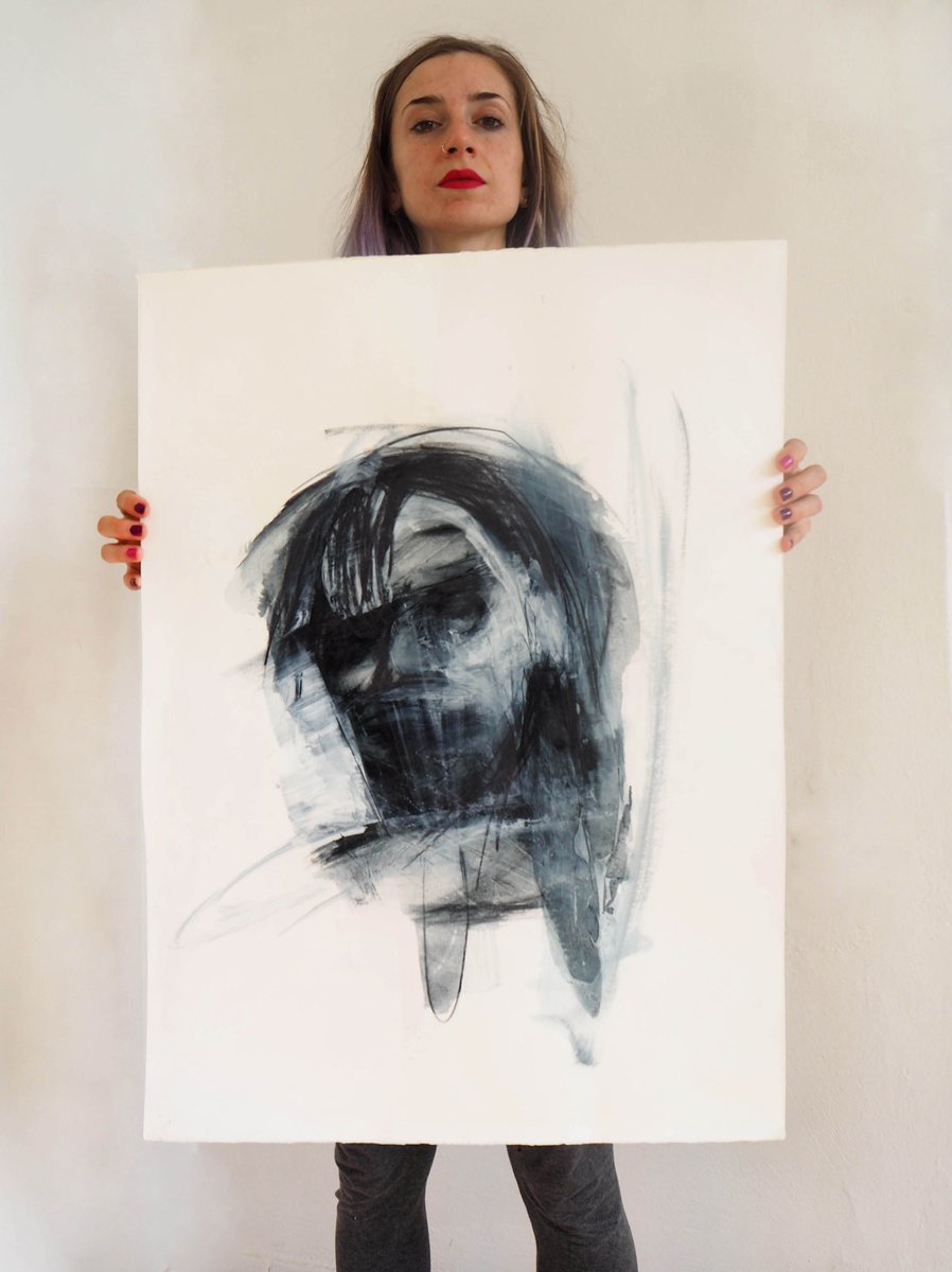 Expressive Portrait Drawing By Cynthia Gregorova, 21 X 26, No Title 20 (It´s Just In The Head), Original Artwork
