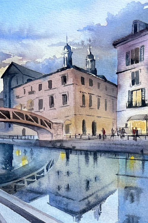 City landscape. Sunset and reflection of architecture in the water. Original watercolor artwork. by Evgeniya Mokeeva