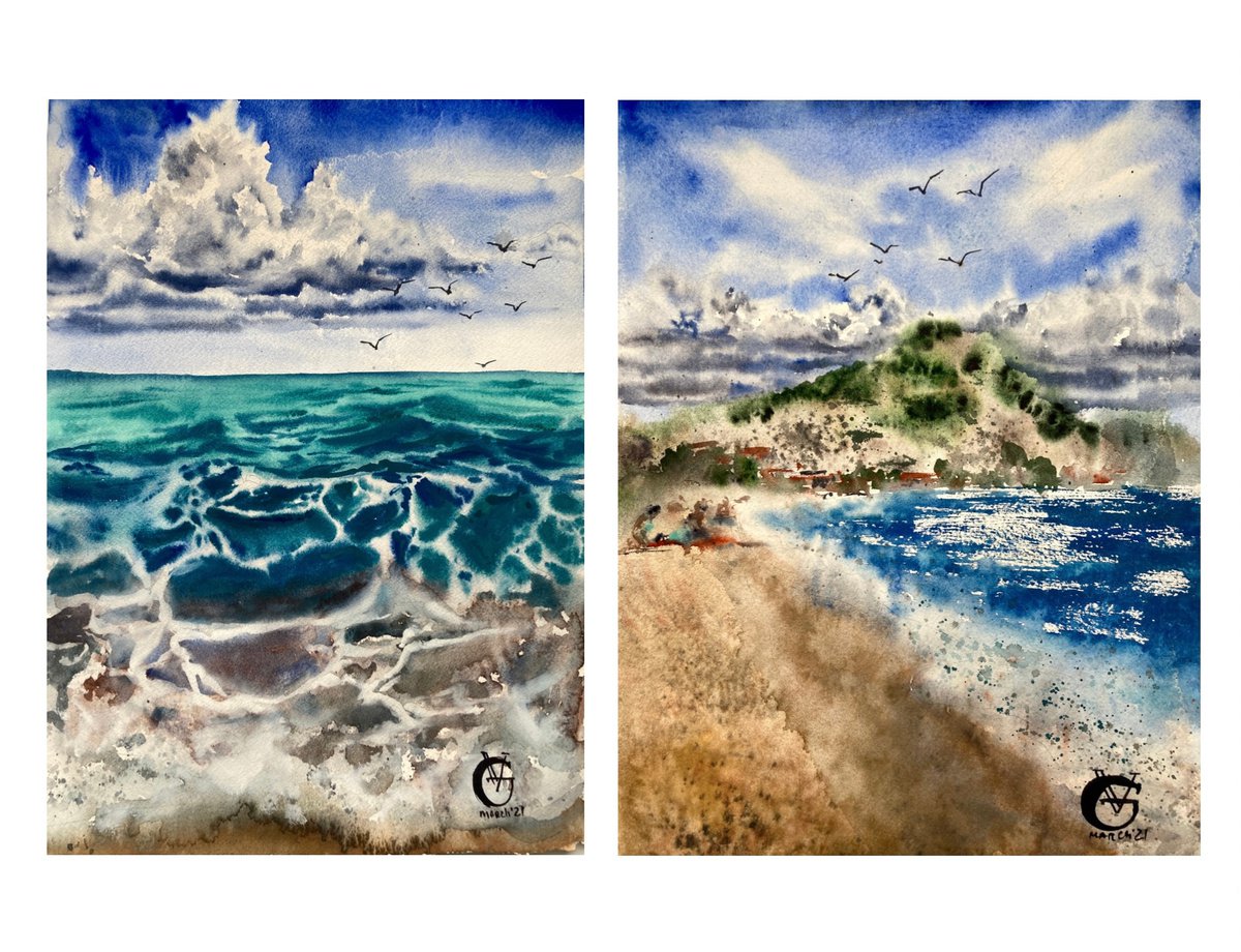 Impressionistic Landscape Watercolour By Valeria Golovenkina, 12 X 16", Costa Brava Diptych, Original Artwork