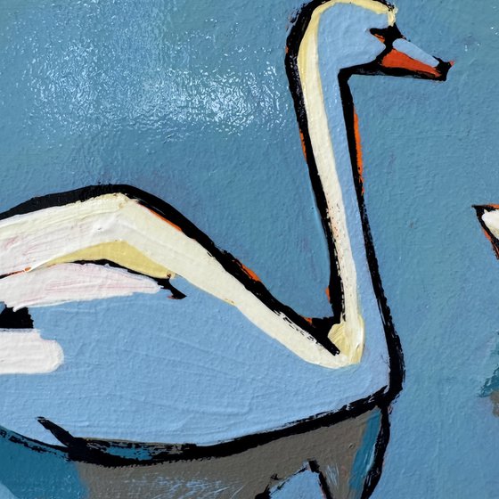 Original Small Painting Blue "2 Swans"