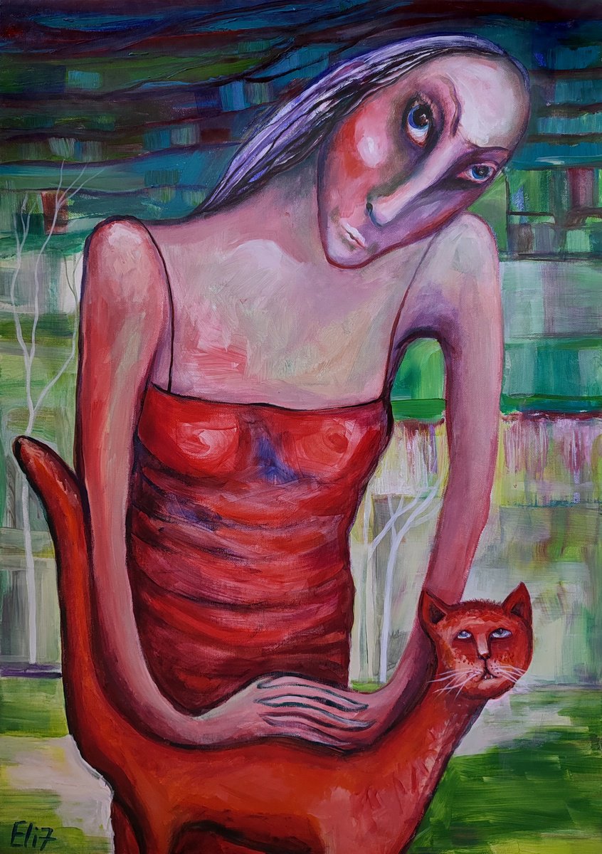 Expressive Portrait Acrylic Painting By Elisheva Nesis, 20 X 28, Red+Red, Original Artwork